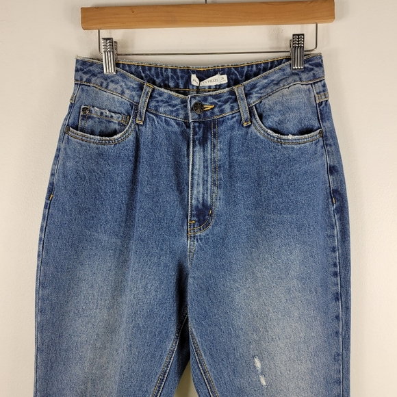 New Avec Les Filles  High Waist Distressed Straight Leg Split Hem Raw Hem Jeans - Picture 2 of 13